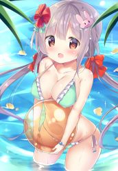 Rule 34 | 1girl, bikini, breasts, brown eyes, cleavage, collarbone, commentary request, cowboy shot, grey hair, groin, hair ornament, hair ribbon, hairclip, holding, innertube, kurou (quadruple zero), large breasts, long hair, looking at viewer, low twintails, navel, open mouth, original, partially submerged, rabbit hair ornament, ribbon, side-tie bikini bottom, solo, standing, swim ring, swimsuit, twintails, very long hair, wading, water