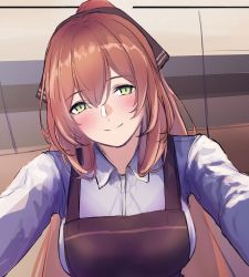Rule 34 | 1girl, 3 small spiders, apron, blush, breasts, brown apron, brown ribbon, closed mouth, girls&#039; frontline, green eyes, hair ribbon, highres, long hair, looking at viewer, medium breasts, orange hair, ponytail, ribbon, shirt, simple background, smile, solo focus, springfield (girls&#039; frontline), upper body, white shirt