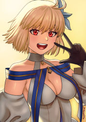 Rule 34 | 1girl, arcueid brunestud, bare shoulders, black gloves, blonde hair, blush, breasts, cleavage, detached sleeves, dress, fate/grand order, fate (series), flower, gloves, hair flower, hair ornament, highres, large breasts, looking at viewer, open mouth, red eyes, shinsaku (stan-art), short hair, smile, solo, tsukihime, w, white dress