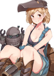Rule 34 | 1girl, absurdres, bare shoulders, bikini, bikini top only, black bikini, blonde hair, blush, boots, breasts, brown eyes, brown footwear, brown gloves, cleavage, closed mouth, collarbone, djeeta (granblue fantasy), gloves, granblue fantasy, gun, halterneck, handgun, highres, looking at viewer, mask, mask on head, mechanic (granblue fantasy), medium breasts, nanakaku, overalls, robot, short hair, simple background, sitting, smile, solo, strap slip, swimsuit, weapon, welding mask, white background