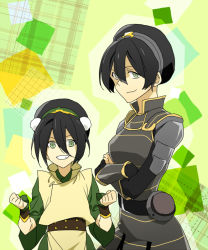 Rule 34 | 2girls, armor, avatar: the last airbender, avatar legends, belt, black hair, blind, breasts, catgirl0926, child, chinese clothes, crossed arms, dual persona, green eyes, grin, hairband, height difference, multiple girls, nickelodeon, aged up, smile, the legend of korra, time paradox, toph bei fong
