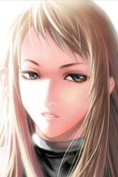 Rule 34 | 00s, 1girl, blonde hair, blue eyes, brown hair, claymore (series), eyelashes, galatea, grey eyes, long hair, looking away, looking to the side, parted lips, portrait, simple background, solo, swept bangs, white background