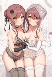 Rule 34 | 2girls, absurdres, asymmetrical docking, bare shoulders, bed, bed frame, black bra, black choker, black flower, black panties, black ribbon, black rose, black vs white, blush, bra, braid, braided bun, breast press, breasts, bridal veil, brown hair, choker, cleavage, closed mouth, collarbone, commentary, debi tarou, elbow gloves, feet out of frame, flower, gloves, gluteal fold, hair between eyes, hair bun, hair flower, hair ornament, hair ribbon, highres, holding hands, idolmaster, idolmaster shiny colors, incest, interlocked fingers, light smile, lingerie, looking at viewer, medium breasts, multiple girls, navel, on bed, osaki amana, osaki tenka, panties, parted lips, petals, pillow, ribbon, rose, see-through, see-through bra, see-through panties, siblings, single hair bun, sisters, sitting, smile, thigh gap, thighhighs, thighs, twincest, twins, underwear, underwear only, veil, wanimaru, white bra, white choker, white panties, white thighhighs, yellow eyes, yuri