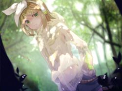 Rule 34 | 1girl, arm warmers, bare shoulders, belt, blonde hair, bow, commentary, cowboy shot, dappled sunlight, dutch angle, expressionless, forest, green eyes, grey shorts, hair bow, hair ornament, hairclip, hand in pocket, headphones, jacket, kagamine rin, looking at viewer, midriff, nature, navel, neckerchief, outdoors, rain, raincoat, sailor collar, see-through, see-through jacket, shirt, short hair, short shorts, shorts, shoulder tattoo, sleeveless, sleeveless shirt, solo, strawberrya mg, sunlight, tattoo, treble clef, tree, vocaloid, water drop, white bow, white shirt, yellow neckerchief