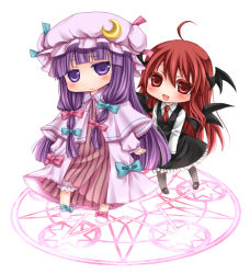 Rule 34 | 2girls, :&lt;, ahoge, bat wings, black legwear, blush, bow, capelet, chibi, dress, embodiment of scarlet devil, female focus, frilled dress, frills, hair ribbon, hat, head wings, koakuma, long hair, magic circle, mob cap, multiple girls, necktie, open mouth, pantyhose, patchouli knowledge, pink bow, purple eyes, purple hair, red eyes, red hair, ribbon, shiratama (mofutto), shoes, simple background, striped clothes, striped dress, touhou, vertical stripes, white background, wings