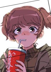 Rule 34 | 1girl, akutsu (demodori), alisa (girls und panzer), brown eyes, brown hair, brown jacket, coat, commentary, cup, disposable cup, drinking, drinking straw, earrings, freckles, girls und panzer, grey coat, hair ornament, holding, holding cup, jacket, jewelry, looking at viewer, saunders military uniform, short hair, short twintails, star (symbol), star hair ornament, stud earrings, twintails, white background