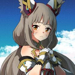 Rule 34 | 1girl, :&lt;, animal ear fluff, animal ears, bare shoulders, blue sky, blush, brown eyes, brown hair, closed mouth, cloud, commentary request, day, detached sleeves, dress, facial mark, gloves, highena, highres, holding, holding own hair, long hair, long sleeves, looking at viewer, low twintails, nia (blade) (xenoblade), nia (xenoblade), outdoors, own hands together, sky, solo, twintails, white dress, white gloves, white sleeves, wide sleeves, xenoblade chronicles (series), xenoblade chronicles 2