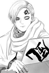 Rule 34 | 1boy, alternate hairstyle, cloak, expressionless, forehead tattoo, gaara (naruto), greyscale, half-closed eyes, hat, highres, holding, holding clothes, holding hat, looking to the side, male focus, monochrome, nakamura mami, naruto (series), naruto shippuuden, official alternate costume, short hair, solo, translation request, unworn hat, unworn headwear, upper body, white background