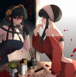 Rule 34 | 1girl, absurdres, ass, backless dress, backless outfit, bare shoulders, black dress, black gloves, black hair, breasts, commentary request, different reflection, dress, fangdatou er buxihuanhuadatou, finger to mouth, fingerless gloves, gloves, hairband, highres, large breasts, leaning forward, looking at mirror, looking at viewer, mirror, off-shoulder dress, off shoulder, petals, red dress, red eyes, reflection, rose petals, short hair with long locks, sidelocks, solo, spy x family, yor briar