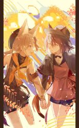 Rule 34 | 2girls, abstract background, animal ear fluff, animal ears, arknights, beret, black dress, black hat, black jacket, blonde hair, blue shorts, brown hair, cardigan (arknights), cardigan (sunny day) (arknights), cat ears, commentary, couple, cropped legs, detached sleeves, dog ears, dress, ears through headwear, fedora, hat, highres, holding hands, jacket, looking at another, melantha (arknights), melantha (letters from wessex) (arknights), multiple girls, neckerchief, purple eyes, red dress, shorts, shorts under dress, tomamo09, white jacket, yellow background, yellow eyes, yellow neckerchief, yuri