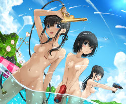 Rule 34 | 3girls, :d, bird, black eyes, black hair, blue eyes, blue sky, blunt bangs, blurry, blush, bob cut, bokeh, breasts, bubble, censored nipples, cleavage, cloud, commentary, convenient censoring, depth of field, finger on trigger, geyser, gluteal fold, hair between eyes, hand up, highres, holding, holding water gun, hose, kuchinawa (skyks), legs apart, lens flare, long hair, looking ahead, looking at viewer, low twintails, multiple girls, open mouth, original, parted lips, partially submerged, partially underwater shot, seagull, sexually suggestive, short hair, sky, smile, standing, target, thigh gap, twintails, two side up, underwater, v arms, water, water censor, water gun, water stream
