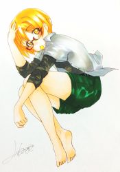 Rule 34 | 10s, 1girl, alternate hair color, bare legs, barefoot, bespectacled, black shirt, blonde hair, blush, candy, clenched hand, collared shirt, crossed ankles, fetal position, food, full body, glasses, green shorts, hand on own head, highres, hikage (haru kaze 2), hoshizora rin, layered sleeves, lollipop, long sleeves, looking at viewer, love live!, love live! school idol project, mouth hold, plantar flexion, shirt, short over long sleeves, short sleeves, shorts, signature, solo, traditional media, unbuttoned, unbuttoned shirt, white background, white shirt, yellow eyes