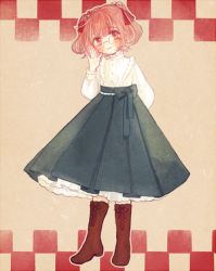 Rule 34 | 1girl, alternate costume, arm behind back, bell, blush, brown footwear, brown hair, checkered background, full body, glasses, green skirt, hair bell, hair ornament, hand up, long sleeves, looking at viewer, motoori kosuzu, shirt, short hair, skirt, smile, solo, touhou, two side up, white shirt, yujup