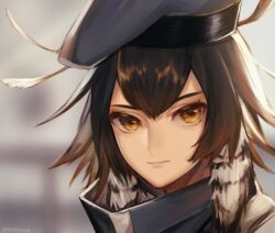 Rule 34 | 1girl, arknights, beret, bibabunie, brown hair, closed mouth, feather hair, grey hat, hat, light smile, lips, looking at viewer, messy hair, plume (arknights), portrait, short hair, solo, yellow eyes