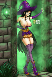 Rule 34 | 1girl, bare shoulders, black hair, blunt bangs, boots, breasts, cleavage, crop top, elbow gloves, full body, gloves, halloween, hat, high heel boots, high heels, holding, iury padilha, light smile, long hair, looking at viewer, midriff, nico robin, nipples, one piece, purple footwear, purple gloves, purple heels, smile, solo, standing, strapless, thighhighs, witch hat
