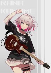 1girl :3 bang_dream! bang_dream!_it&#039;s_mygo!!!!! black_choker black_shirt blue_eyes character_name choker colored_inner_hair commentary ear_piercing earclip earrings electric_guitar fishnet_thighhighs fishnets glitch guitar heterochromia highres holding holding_plectrum instrument inverted_cross_necklace jewelry kaname_raana layered_sleeves long_sleeves looking_at_viewer misaki_(xxxhackerxxxxx) multicolored_hair nail_polish piercing pink_hair pink_nails playing_guitar plectrum shirt short_hair short_over_long_sleeves short_sleeves single_thighhigh sleeves_past_wrists solo thighhighs white_hair white_shirt yellow_eyes