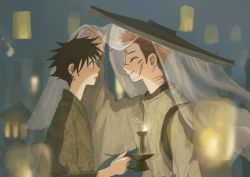 Rule 34 | 2boys, black hair, candle, extra eyes, closed eyes, facial tattoo, festival, fushiguro megumi, green eyes, hat, height difference, japanese clothes, jujutsu kaisen, kimono, lantern, long sleeves, looking at another, male focus, multiple boys, neck tattoo, outdoors, pink hair, red eyes, ryoumen sukuna (jujutsu kaisen), short hair, smile, spiked hair, standing, tattoo, wide sleeves, woshihedawei, yaoi