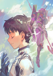Rule 34 | 1boy, blue gloves, brown hair, eva 01, evangelion: 3.0+1.0 thrice upon a time, closed eyes, gloves, headpiece, horns, hungry clicker, ikari shinji, lance, looking to the side, mecha, neon genesis evangelion, plugsuit, polearm, rebuild of evangelion, robot, short hair, single horn, smile, traditional media, weapon