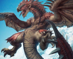 Rule 34 | capcom, claws, cloud, day, dragon, epic, flight, flying, harvester, horns, kakotomirai, monster, monster hunter (series), no humans, rathalos, realistic, scales, sky, spikes, teeth, wings, wyvern