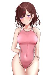 Rule 34 | 1girl, absurdres, arms behind back, blush, breasts, brown hair, collarbone, competition swimsuit, covered navel, cowboy shot, gluteal fold, groin, hair ornament, hairclip, hibika, highleg, highleg swimsuit, highres, higuchi madoka, idolmaster, idolmaster shiny colors, medium breasts, mole, mole under eye, nose blush, one-piece swimsuit, pink one-piece swimsuit, purple eyes, short hair, simple background, solo, standing, swimsuit, white background