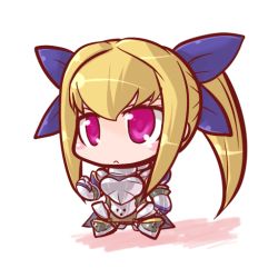 Rule 34 | 00s, 1girl, :&lt;, ar tonelico, ar tonelico iii, armor, blonde hair, blush, chibi, darui hito, faulds, female focus, full body, greaves, gust, hair ribbon, long hair, pauldrons, pink eyes, ponytail, ribbon, sakia-rumei, shoulder armor, simple background, solo, white background