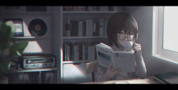 1girl, absurdres, bangs, black-framed eyewear, blurry, blurry background, book, bookshelf, brown eyes, brown hair, chair, chromatic aberration, commentary, covered mouth, cup, day, drinking, fingernails, hair between eyes, hands up, highres, holding, holding book, holding cup, huge filesize, indoors, letterboxed, light particles, long sleeves, looking at viewer, looking over eyewear, on chair, open book, original, phonograph, plant, potted plant, record, record jacket, ribbed sweater, room, round eyewear, saucer, semi-rimless eyewear, shadow, shelf, short hair, sitting, sleeves past wrists, solo, stereo, sugai (4ugaii), sunlight, sweater, table, teacup, turntable, turtleneck, turtleneck sweater, under-rim eyewear, upper body, white sweater, window