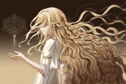 Rule 34 | 1boy, absurdres, blonde hair, braid, brown background, commentary, dress, elden ring, english commentary, from side, gradient background, hair intakes, highres, long hair, miquella (elden ring), outstretched arm, smile, solo, trap, upper body, wavy hair, white dress, yellow background, zerosshadows