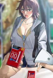 Rule 34 | 1girl, backpack, bag, barcode scanner, black bean, blue shirt, blue shorts, blurry, blurry background, blush, breasts, brown hair, buying condoms, cash register, cashier, cleavage, collared shirt, commentary request, condom box, convenience store, counter, grey hoodie, hair between eyes, halterneck, highres, holding scanner, hood, hoodie, large breasts, medium hair, netorare, okamoto condoms, open mouth, original, pov, red eyes, scanner, shirt, shop, shorts, store clerk, tank top, zipper, zipper pull tab