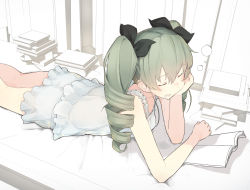 Rule 34 | 10s, 1girl, anchovy (girls und panzer), arm support, ass, bloomers, book, closed eyes, collarbone, cowboy shot, curtains, dress, drill hair, drooling, eyebrows, frilled dress, frills, fuu fuu, girls und panzer, green eyes, hair between eyes, hair ornament, hand on own cheek, hand on own face, indoors, long hair, lying, on stomach, open mouth, pajamas, ringlets, saliva, sleeping, sleeveless, solo, twin drills, twintails, underwear, white bloomers