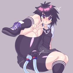 Rule 34 | 1girl, bike shorts, black footwear, black socks, blush, covered clitoris, fingernails, grey background, grey skirt, hair between eyes, heart, highres, kaikoinu, kneehighs, marvel, open mouth, penetration through clothes, peni parker, purple eyes, purple hair, pussy, sex machine, sex toy, shiny skin, shoes, short hair, simple background, skirt, sneakers, socks, solo, spider-man: into the spider-verse, spider-man (series), spider-verse, spread legs, tight clothes, uniform, v, vaginal, w