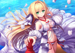 Rule 34 | 10s, 1girl, blonde hair, blush, breasts, cleavage, closed mouth, fate/extra, fate/grand order, fate (series), green eyes, large breasts, long hair, looking at viewer, navel, nero claudius (fate), nero claudius (fate) (all), nero claudius (swimsuit caster) (fate), nero claudius (swimsuit caster) (third ascension) (fate), smile, solo, toshi (1-147)