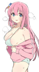 Rule 34 | 1girl, ass, bocchi the rock!, bra, breasts, cleavage, collarbone, cube hair ornament, gotoh hitori, hair ornament, hei (tonarinohey), jacket, large breasts, looking at viewer, open clothes, open jacket, panties, pink hair, pink jacket, sideboob, simple background, thighs, underwear, white background, white bra, white panties