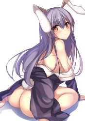 Rule 34 | 1girl, animal ears, arm support, ass, blazer, blush, bottomless, breasts, closed mouth, from behind, jacket, janne cherry, large breasts, leotard, long hair, looking at viewer, looking back, off shoulder, playboy bunny, purple hair, rabbit ears, rabbit girl, rabbit tail, red eyes, reisen udongein inaba, simple background, sitting, solo, tail, touhou, wariza, white background