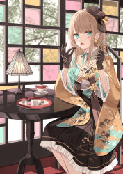 Rule 34 | 1girl, :o, absurdres, blonde hair, blush, brown gloves, brown hat, brown skirt, chair, chocolate, commentary request, cup, feet out of frame, food, food on face, gloves, green eyes, hat, highres, holding, holding spoon, indoors, japanese clothes, kimono, lamp, long sleeves, looking at viewer, mini hat, open mouth, original, saucer, senri (senri sen), sitting, skirt, solo, spoon, stained glass, table, teacup, wide sleeves, window, yellow kimono