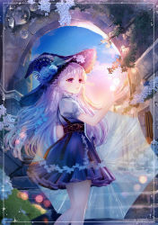 Rule 34 | 1girl, backlighting, blue bow, blue flower, blue hat, blue skirt, bow, day, floating hair, flower, framed, from side, grey hair, grey shirt, hat, hat bow, hat flower, high-waist skirt, highres, komorihikki, lens flare, lolita fashion, long hair, looking up, miniskirt, nail polish, original, outdoors, parted lips, pink nails, red eyes, rose, shirt, short sleeves, skirt, solo, stairs, very long hair, witch, witch hat