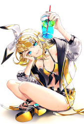 Rule 34 | 1girl, blonde hair, blue eyes, bow, bra, commentary, cup, disposable cup, drinking straw, food, fruit, hair bow, hair ornament, hairclip, head rest, head tilt, headband, headphones, headset, holding, holding cup, jacket, kagamine rin, leaning forward, lemon, microphone, nail polish, sawashi (ur-sawasi), short hair, short shorts, shorts, sitting, smile, solo, underwear, vocaloid, white bow