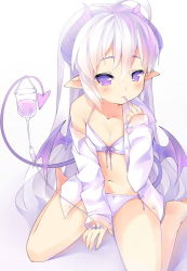 Rule 34 | 1girl, bikini, blush, collarbone, demon horns, demon tail, flat chest, front-tie top, horns, intravenous drip, light purple hair, long hair, mofetousu furuna, mouth hold, navel, off shoulder, open clothes, open shirt, original, pointy ears, purple eyes, saru, shirt, sitting, solo, swimsuit, tail