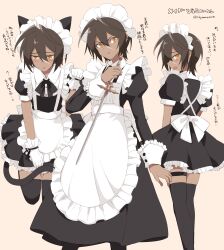 Rule 34 | 1boy, absurdres, alternate costume, animal ears, apron, black dress, black hair, black thighhighs, blush, cat ears, cat tail, commentary request, crossdressing, dark-skinned male, dark skin, dress, enmaided, eyelashes, frilled apron, frills, gradient background, granblue fantasy, hair between eyes, highres, jamil (granblue fantasy), juliet sleeves, kneeling, knife, long dress, long sleeves, looking at viewer, maid, maid apron, maid headdress, male focus, multiple views, open mouth, puffy sleeves, scar, scar on face, short dress, short hair, standing, suspenders, tail, thigh strap, thighhighs, translation request, trap, twitter username, urjuwanwan, yellow eyes