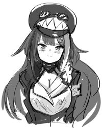 Rule 34 | 1girl, armband, azur lane, blush, breasts, cleavage, deutschland (azur lane), goggles, goggles on headwear, greyscale, hat, hey taisyou, highres, long hair, long sleeves, looking at viewer, monochrome, multicolored hair, smile, solo, streaked hair, very long hair