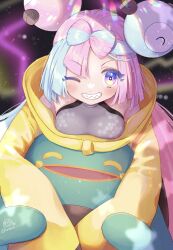 Rule 34 | 1girl, ^ ^, bare shoulders, bellibolt, blue hair, blush, bow-shaped hair, breasts, closed eyes, commentary request, creatures (company), game freak, grey shirt, grin, highres, iono (pokemon), jacket, long hair, long sleeves, masshirokachi, medium breasts, multicolored hair, nintendo, one eye closed, pink hair, pokemon, pokemon (creature), pokemon sv, purple eyes, shirt, signature, sleeveless, sleeveless shirt, sleeves past fingers, sleeves past wrists, smile, star-shaped pupils, star (symbol), symbol-shaped pupils, twitter username, two-tone hair, very long hair, yellow jacket