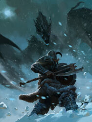 Rule 34 | 1boy, armor, artist name, axe, battle, bayard wu, black horns, black scales, blue eyes, brown gloves, brown hair, commentary, dovahkiin, dragon, english commentary, facing away, fake horns, fantasy, faulds, fighting stance, fur-trimmed armor, fur trim, gloves, glowing, glowing eyes, helmet, highres, holding, holding axe, holding shield, horned helmet, horns, legs apart, monster, motion blur, official art, open mouth, outdoors, pauldrons, realistic, shield, shoulder armor, signature, snow, snowing, standing, the elder scrolls, the elder scrolls v: skyrim, vambraces, western dragon, wings