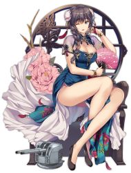 Rule 34 | 1girl, alternate costume, alternate hairstyle, arm across waist, azur lane, bangle, bare legs, black legwear, blue dress, blue eyes, blush, bracelet, braid, breasts, bun cover, cannon, chair, china dress, chinese clothes, cleavage, cleavage cutout, closed mouth, clothing cutout, crossed ankles, curacoa (azur lane), curacoa (eastern grace) (azur lane), double bun, dress, flower, folding fan, full body, gold, gold trim, hair between eyes, hair bun, hair ornament, hand fan, hand up, highres, holding, holding fan, jewelry, large breasts, long hair, monety, official art, pelvic curtain, pink flower, purple hair, shiny skin, shoes, side braid, sidelocks, sitting, smile, solo, thighs, transparent background, turret