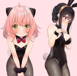 Rule 34 | 2girls, aged down, animal ears, anya (spy x family), bare shoulders, black hair, black legwear, black leotard, blush, bow, bowtie, breasts, cleavage, covered navel, covering privates, covering crotch, detached collar, earrings, embarrassed, fake animal ears, fake tail, gold hairband, gradient background, green eyes, groin, hair ornament, hairband, highleg, highleg leotard, highres, jewelry, large breasts, leotard, long hair, multiple girls, pan (pixiv41343614), pantyhose, pink hair, playboy bunny, rabbit tail, red eyes, ring, short hair, sidelocks, small breasts, spy x family, strapless, strapless leotard, tail, v arms, wrist cuffs, yor briar