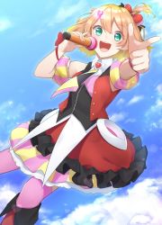 Rule 34 | 1girl, :d, arm strap, black ribbon, blonde hair, blue sky, boots, bow, brown hair, cloud, day, freyja wion, green eyes, hair between eyes, hair bow, hair ornament, hair ribbon, heart, heart hair ornament, highres, holding, holding microphone, index finger raised, ise dango, knee boots, layered skirt, lens flare, looking at viewer, macross, macross delta, microphone, miniskirt, multicolored hair, one side up, open mouth, outdoors, outstretched arm, pink bow, pink thighhighs, red footwear, ribbon, short hair, skirt, sky, smile, solo, striped clothes, striped skirt, thighhighs, two-tone hair, zettai ryouiki