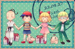 Rule 34 | 0mzum1, 1girl, 3boys, ;d, adjusting eyewear, back bow, backpack, bag, baseball cap, black bow, black bowtie, black footwear, black hair, blonde hair, blue eyes, blue shirt, blue shorts, blunt bangs, blush, border, bow, bowtie, box, brown border, brown eyes, closed mouth, commentary request, dated, doseisan, dougi, dress, gift, gift box, glasses, green background, green jacket, green pants, hair bow, hand up, hat, highres, holding hands, jacket, jeff andonuts, lapels, long sleeves, mother (game), mother 2, multiple boys, ness (mother 2), nintendo, one eye closed, open clothes, open jacket, open mouth, pants, paula (mother 2), pink dress, pink footwear, polka dot, polka dot background, poo (mother 2), purple eyes, rectangular eyewear, red bow, red footwear, red headwear, shirt, shoes, short hair, short sleeves, shorts, sideways hat, smile, socks, striped background, striped clothes, striped shirt, t-shirt, two-tone shirt, v-shaped eyebrows, whiskers, white pants, white shirt, white socks, yellow shirt