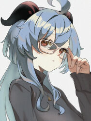 Rule 34 | 1girl, adjusting eyewear, ahoge, black shirt, blue hair, commentary request, ganyu (china merchants bank) (genshin impact), ganyu (genshin impact), genshin impact, glasses, goat horns, grey background, hair between eyes, hand on eyewear, hand up, highres, horns, long hair, long sleeves, looking at viewer, melomelo2468, official alternate costume, open mouth, red eyes, shirt, simple background, solo, turtleneck, upper body, white-framed eyewear