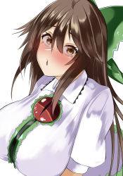 Rule 34 | 1girl, absurdres, blush, bow, breasts, brown eyes, brown hair, center frills, collared shirt, commentary request, control rod, frilled shirt collar, frills, green bow, hair between eyes, highres, huge breasts, kibagon (shirotsume), large breasts, long hair, looking at viewer, open mouth, reiuji utsuho, shirt, short sleeves, simple background, solo, third eye, touhou, upper body, white background, white shirt