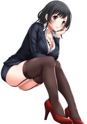 Rule 34 | 10s, 1girl, alternate costume, black hair, black thighhighs, blush, breasts, brown eyes, cleavage, collarbone, commentary request, female focus, formal, full body, garter straps, head rest, high heels, highres, jacket, jpeg artifacts, kantai collection, large breasts, leaning forward, long sleeves, looking at viewer, miniskirt, office lady, pencil skirt, red eyes, red footwear, sakiyamama, shoes, sitting, skirt, skirt suit, smile, solo, suit, takao (kancolle), thighhighs, thighs, white background