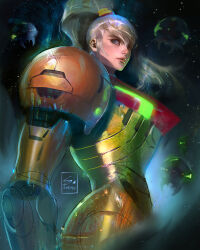 Rule 34 | 1girl, alien, arm cannon, armor, blonde hair, blue eyes, clip studio paint (medium), commentary, english commentary, floating, highres, lips, looking at viewer, mecha, metroid, metroid (classic), metroid (creature), nintendo, ponytail, portrait, power armor, robot, samus aran, science fiction, sebijy1, signature, sketch, star (symbol), starry background, super metroid, weapon