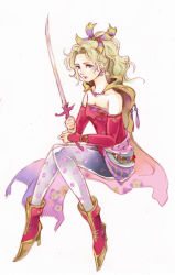 Rule 34 | 1girl, amano yoshitaka design, breasts, cape, detached sleeves, dress, earrings, final fantasy, final fantasy vi, full body, green hair, jewelry, kawahara, long hair, looking at viewer, pantyhose, ponytail, simple background, solo, sword, tina branford, weapon, white background